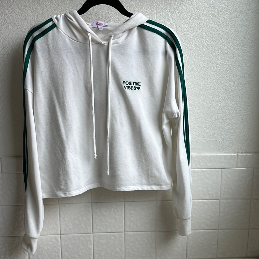 White Cropped Hoodie with Green Stripes